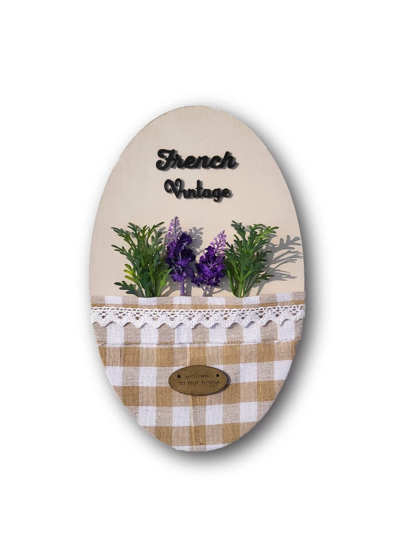 Wooden French Vintage Wall Hanging With Buffalo Print Pocket and Artificial Lavender Flowers For Home Dcor
