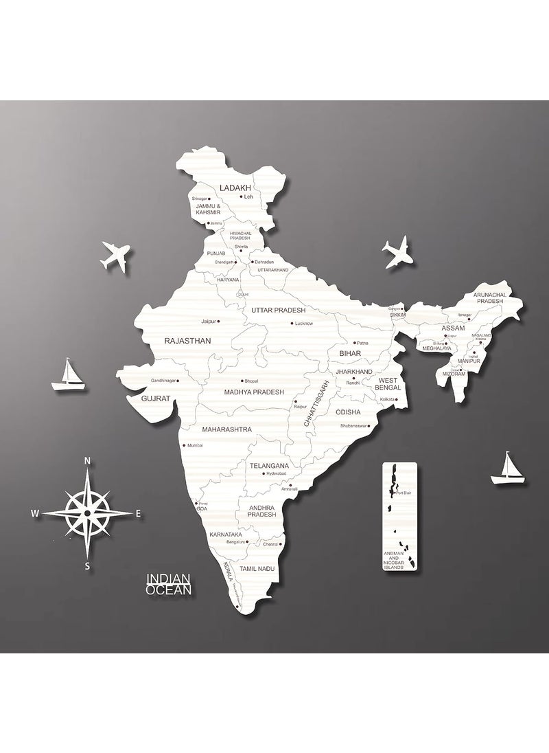 AD INFINITUM 3D Wooden Map of India Home Decor Office Decor A great gift for travelers Wall decor State and Capital names with Borders 4x3 feet White Oak