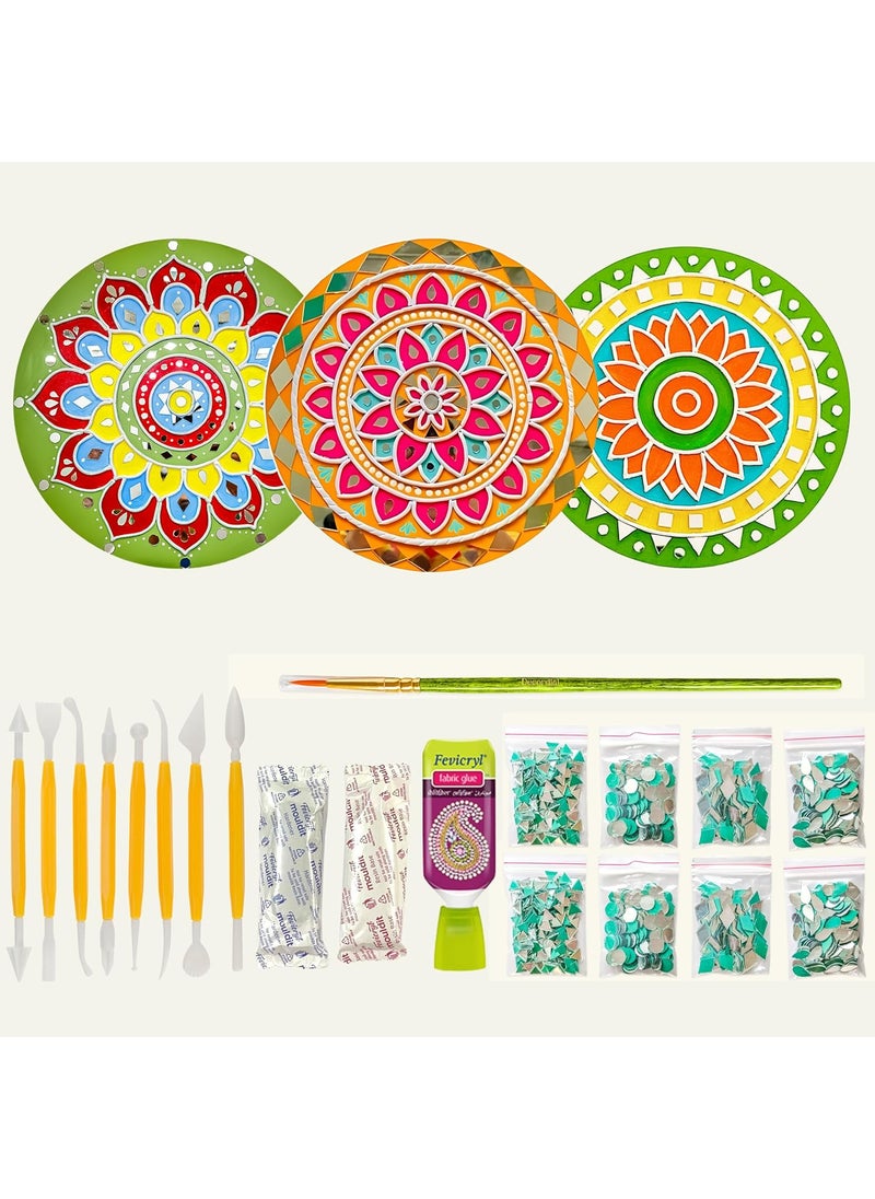 Decordial lippan Art Materials DIY kit with 3 premarked Mandala MDF Board Decorative Mirrors Colours Art kit for Kids Adults Wall Decoration for Home Decor