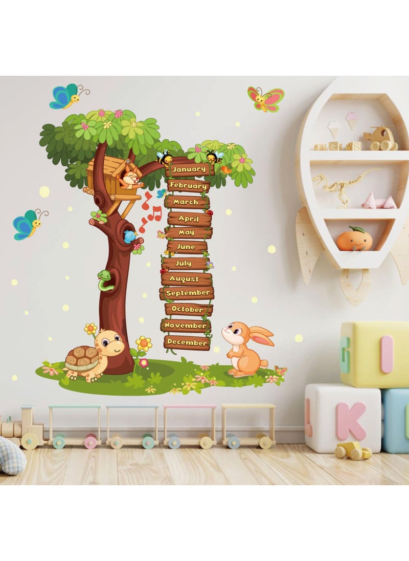 INDIAN ROYALS Wonderful Tree Month Names with Cute Cartoon Animal Joyful Wall Sticker 30CM x 90CM 2 Sheets