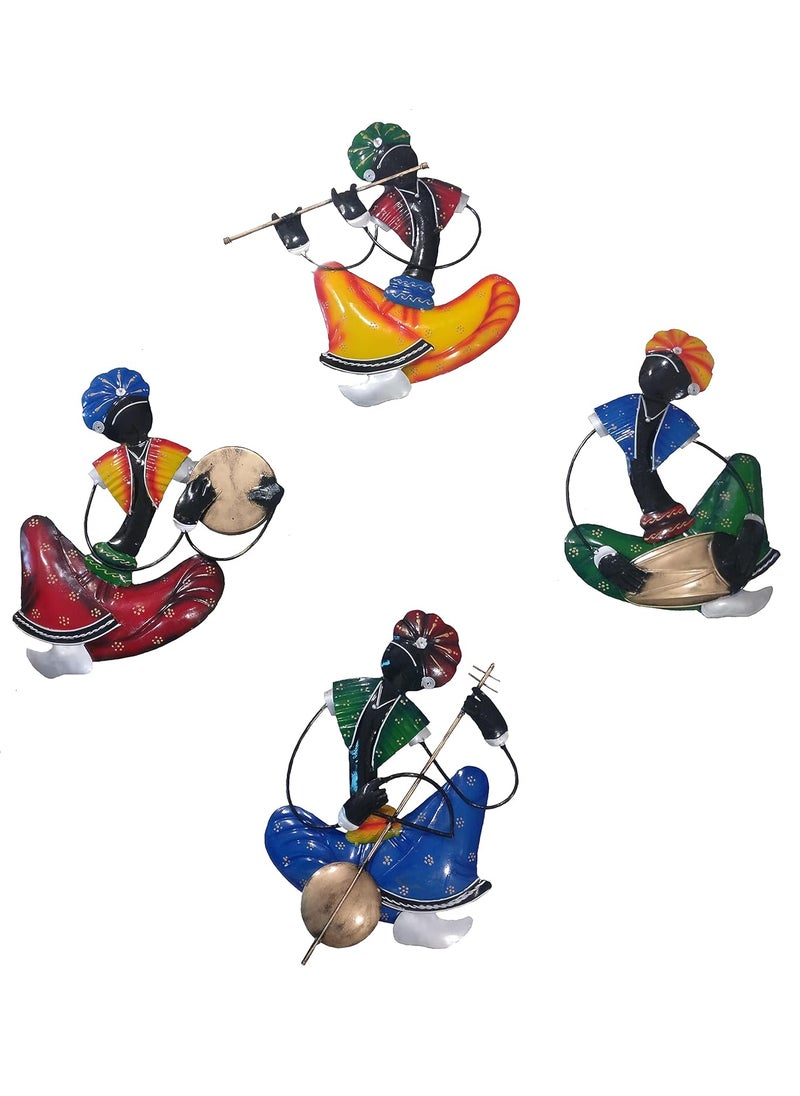 H N Enterprises Indian Hand Made metal home decor metal wall hanging metal wall decor Wall MountedWall Hanging Sculptured of Rajasthani Musician Men in Set of 4 Multicolored 12
