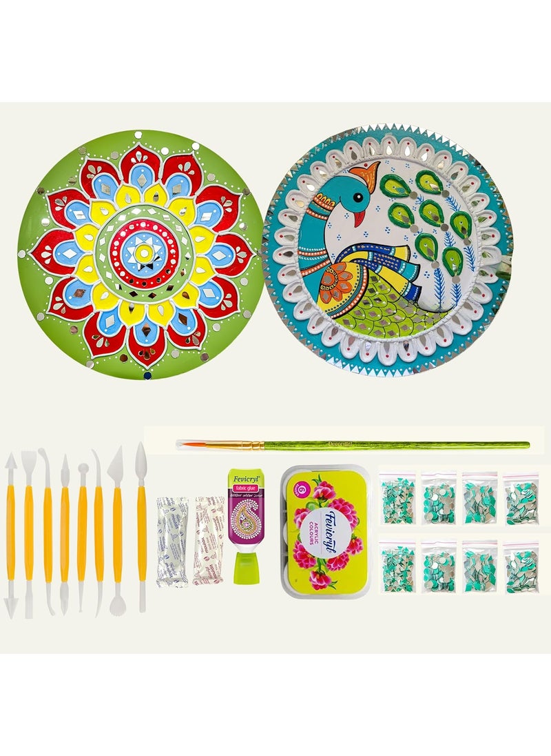Decordial lippan Art Materials DIY kit with 2 premarked madhubani Mandala Designs MDF Board Decorative Mirrors Colours lippan Art kit for Kids Adults Wall Decoration for Home Decor
