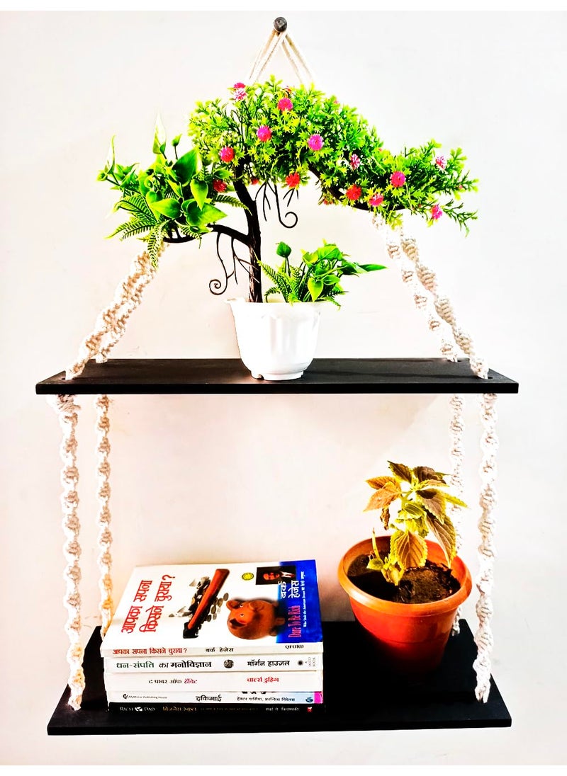 KHUSH ITS AMAZING DIY Boho 2 Layer Black Self Macrame Knotting Wall Hanging Shelves Black Boho Wall Decor for Bedroom Living Room Nursery Dorm Room Gallery