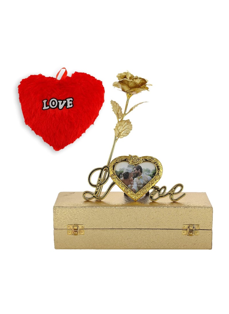 INTERNATIONAL GIFT Pink Rose and Photo Frame Stand with Golden Velvet Box and Heart Shape Red PillowCushions 25 cm