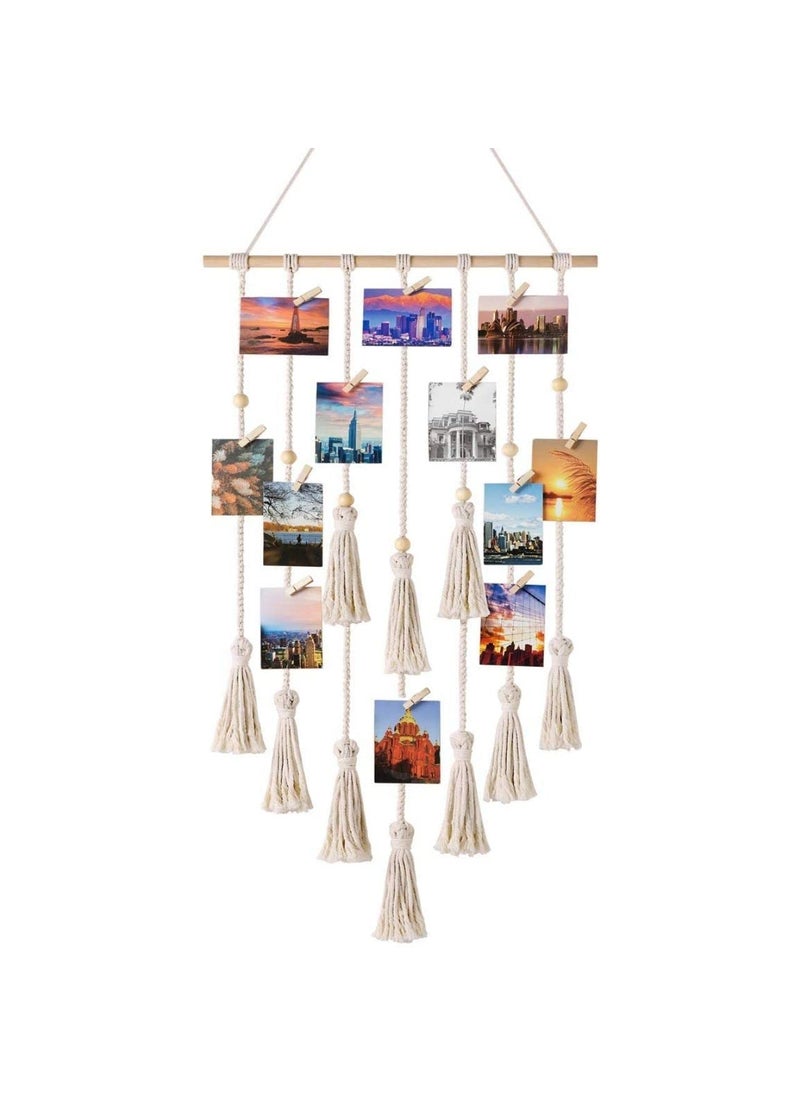 ecofynd Cotton Photo Display Wall Hanging Picture Organizer Boho Aesthetic Home Decor with 20 Wooden Clips Bohemian Frame for Bedroom Living Room Decorative Items BH006