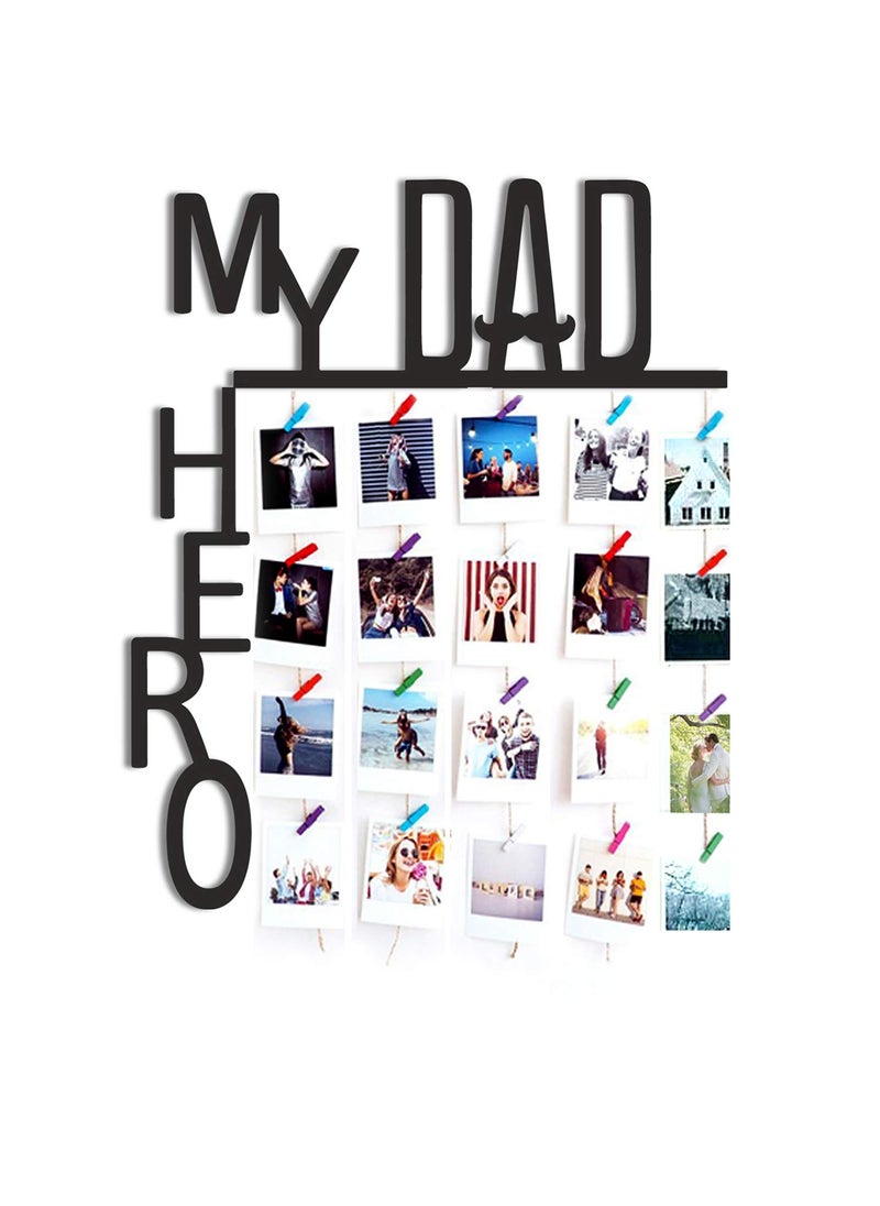VAH My Dad My Hero wooden Hanging Photo Display Picture Frame Collage Picture Display Organizer with Wood Clips for Wall Decor Hanging Photos