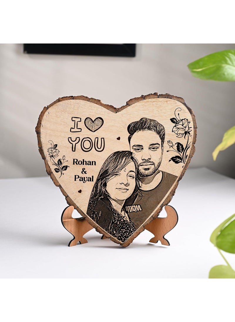 Personalized Engraved Natural Wooden Slice Photo Frame With Wood Stand Best Gift for Birthday Anniversary Wedding Retirement Valentine etc 8 Inches Brown Tabletop Brown 8 Inch Heart