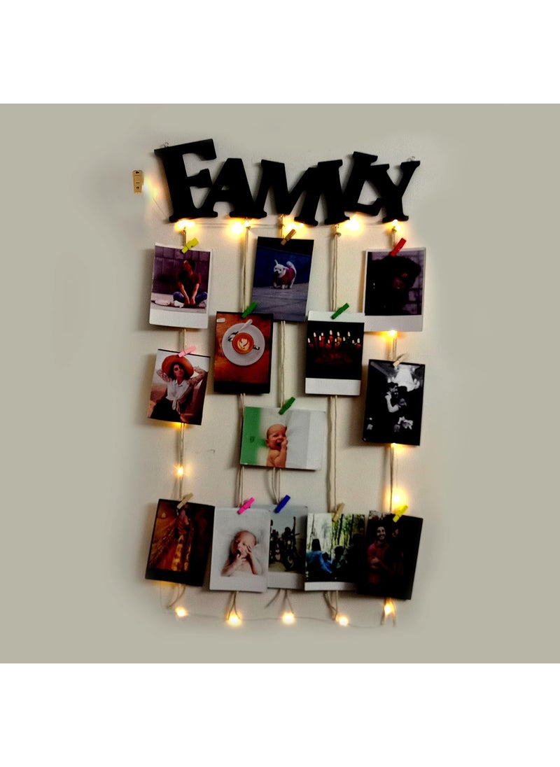 VAH Family with Light wooden Hanging Photo Display Picture Frame Collage Picture Display Organizer with Wood Clips for Wall Decor Hanging Photos