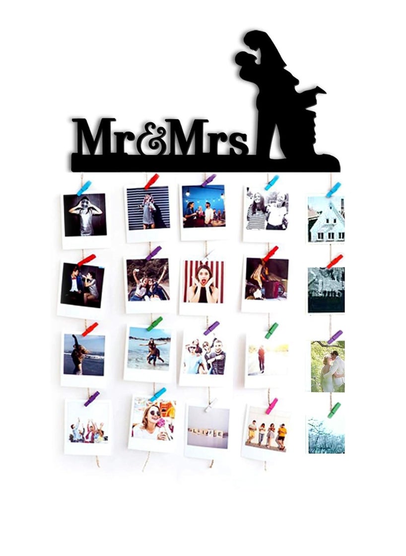 VAH Mr and Mrs Hanging Photo Display Picture Frame Collage Picture Display Organizer with Wood Clips for Wall Decor Hanging Photos Prints and Artwork