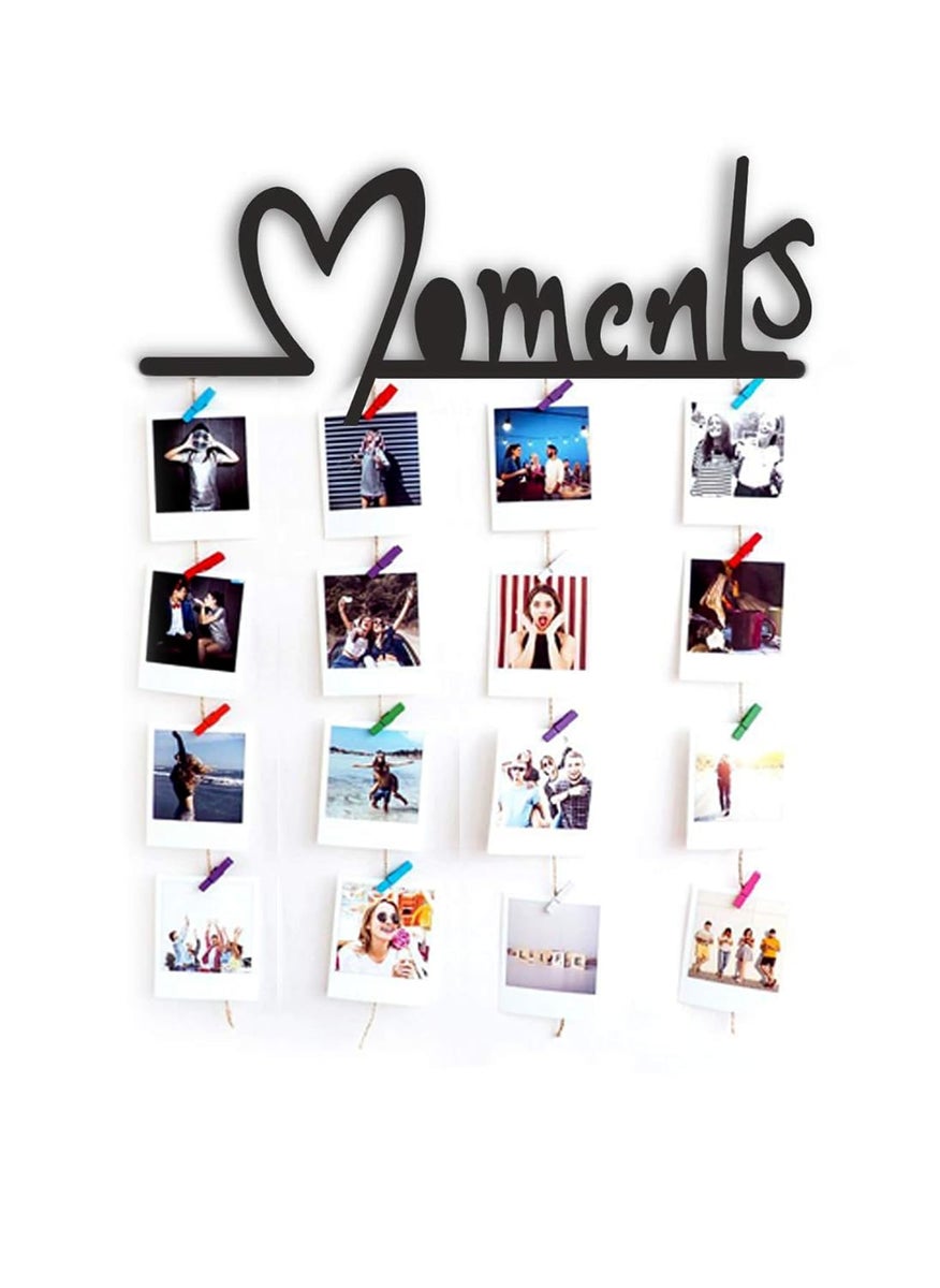 Decorcreed MOMENTS Words Hanging Photo Display Picture Frame Collage Picture Display Organizer with Wood Clips for Wall Decor Hanging Photos Prints and Artwork