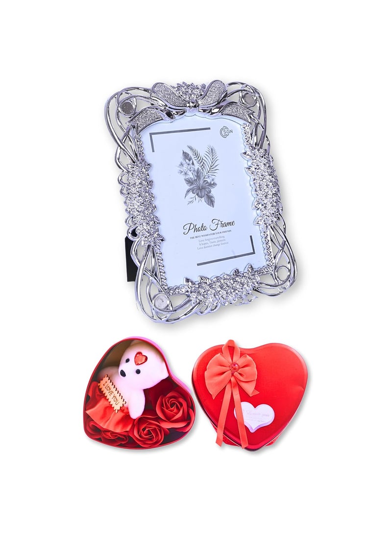 Vintage Photo Frame with Crystal Rhinestones and HeartShaped Gift Box Set Silver Picture Frame with Rose Plush Bear