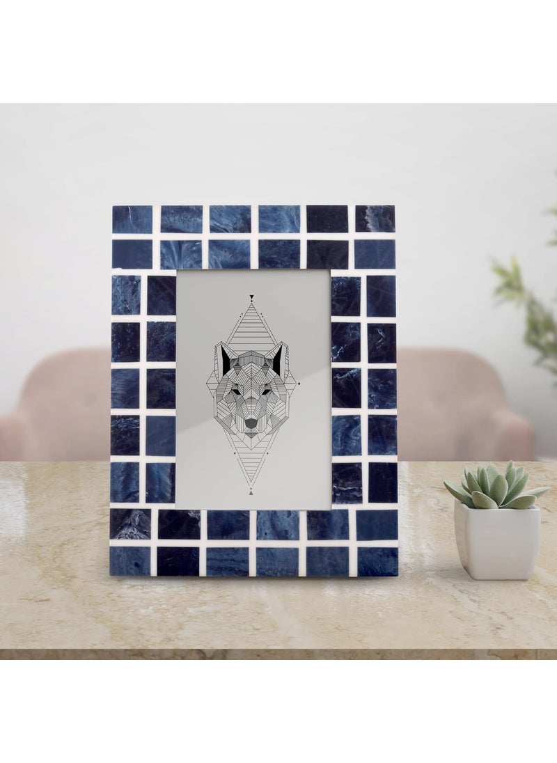 House of Sajja Handcrafted Wooden Table Photo Frame With Blue tiles for 4 By 6 Inch Photo Size