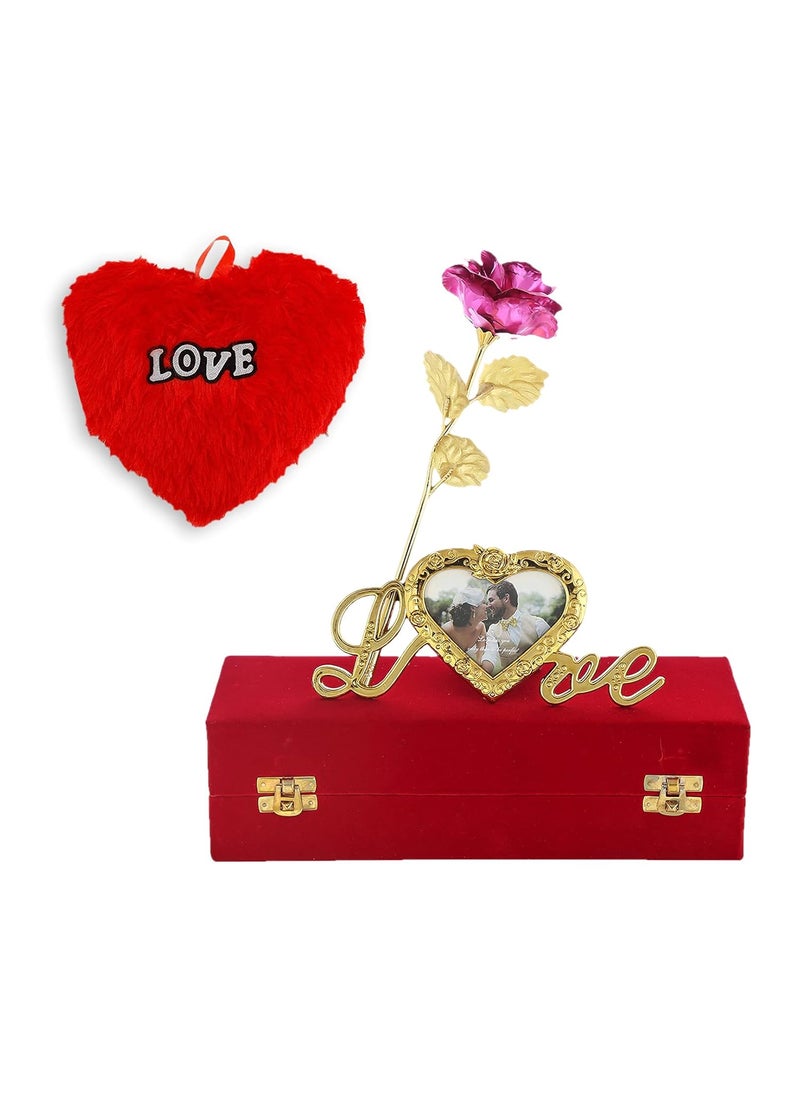 INTERNATIONAL GIFT Pink Rose and Photo Frame Stand with Red Velvet Box and Heart Shape Red PillowCushions 25 cm
