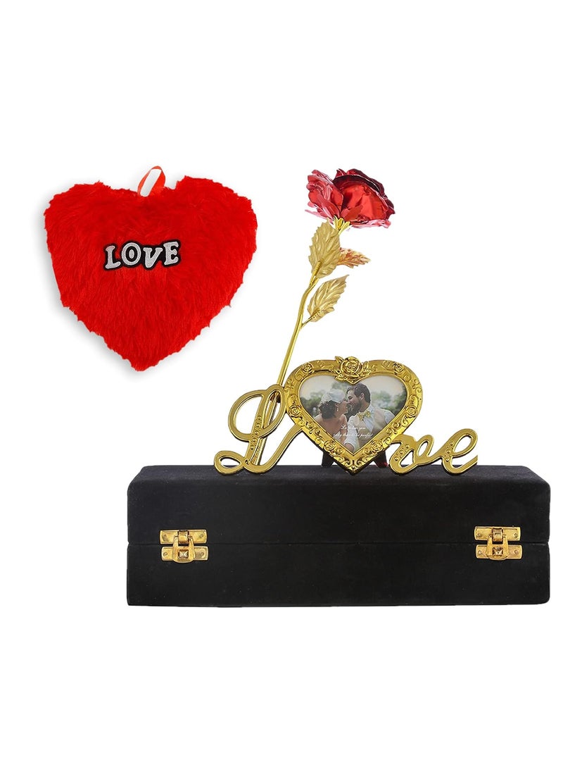 INTERNATIONAL GIFT Red Rose and Photo Frame Stand with Black Velvet Box and Heart Shape Red PillowCushions 25 cm