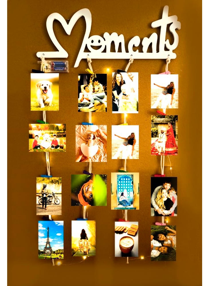 Khush Its Amazing Home Decor Wood White Moments With LED Light Hanging Photo Display DIY Picture Photo Frame Collage Set Includes Multi colour Clips