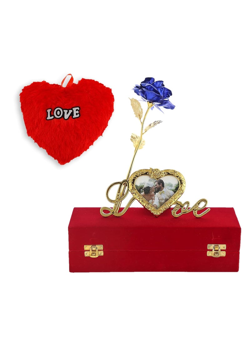 INTERNATIONAL GIFT Blue Rose and Photo Frame Stand with Red Velvet Box and Heart Shape Red PillowCushions 25 cm