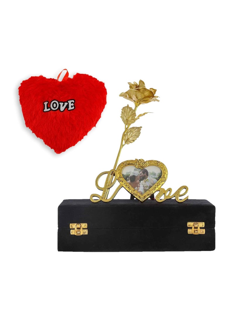 INTERNATIONAL GIFT Golden Rose and Photo Frame Stand with Black Velvet Box and Heart Shape Red PillowCushions 25 cm
