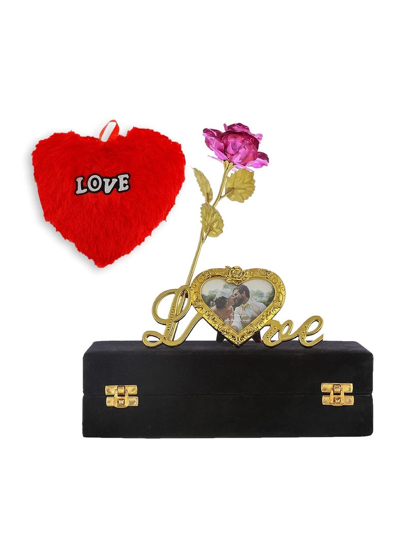 INTERNATIONAL GIFT Pink Rose and Photo Frame Stand with Black Velvet Box and Heart Shape Red PillowCushions 25 cm