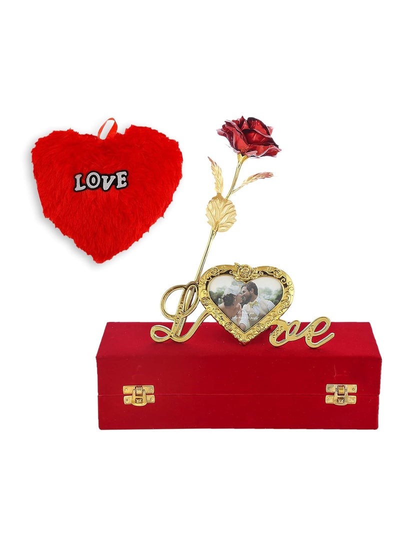 INTERNATIONAL GIFT Red Rose and Photo Frame Stand with Red Velvet Box and Heart Shape Red PillowCushions 25 cm