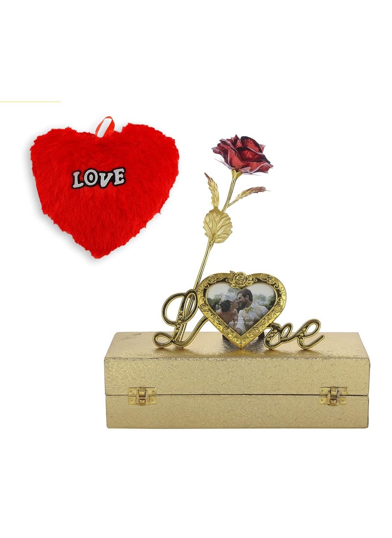 INTERNATIONAL GIFT Red Rose and Photo Frame Stand with Golden Velvet Box and Heart Shape Red PillowCushions 25 cm