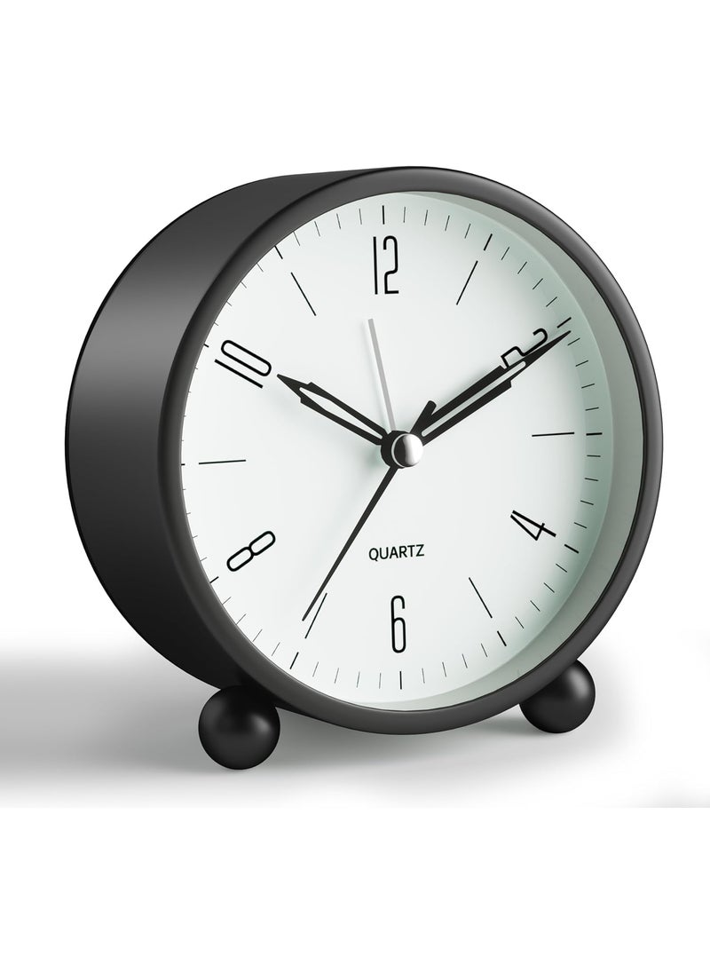 Analog Alarm Clock 4 inch Super Silent Non Ticking Small Clock with Night Light Battery Operated Simple Design Old Fashioned Style Black Decor for Bedroom Bedside Desk Adult Kid Gift Black