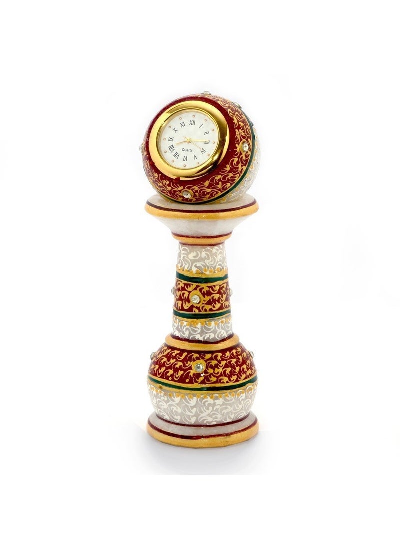 Pooja Creation Marble Gold Painted Meenakari Pillar Clock 2x2x6inch White
