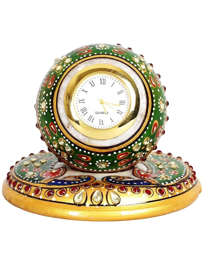 Soni Arts and Crafts Peacock Hand Painted Handcrafted Green Marble Table Clock Meenakari Work Desk Decorative Office Table Marble Ball Shape Watch Marble Clock