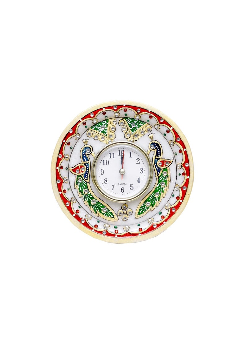 Anjali Arts Decorative Round Marble Clock for Home Table Top Handicrafts Home Decor Peacock Watch with Rajasthani Meenakari Work for Office Multicolor 145x45x145 cm
