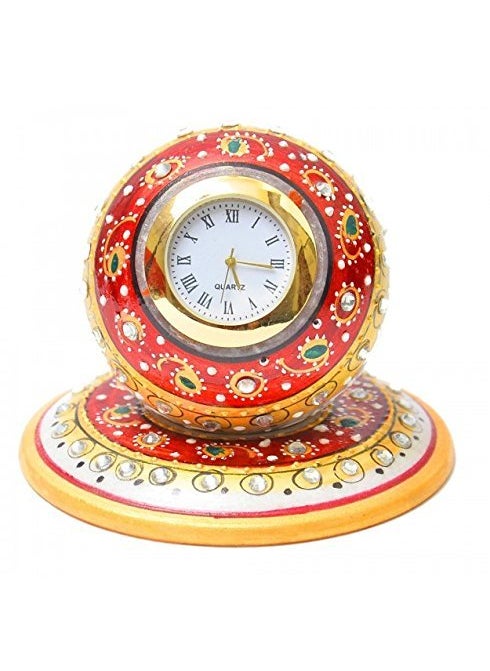 Pooja Creation Gold Painted Meenakari Work Decorative Marble Table Clock Watch
