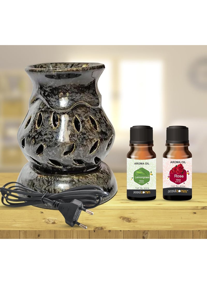 Home Scented Electric Lamp Ceramic Aroma Oil Burner Diffuser with Lemon Grass Rose Fragrance Oils Electric Oil Burner 20ml Black