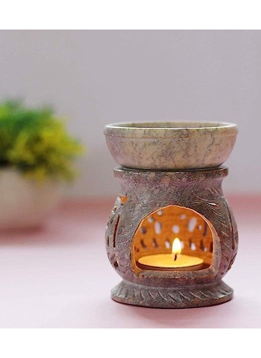 Stonport Handcrafted Soapstone Elephant Carved Aroma Burner 3 Inch Oil Diffuser with 1 Battery Candle Ideal for Home Decor