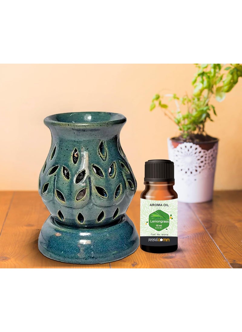 Peepalcomm Natural Ceramic Aroma Diffuser Warmer 11 cm Matki Shape with 1 Aroma Oil Lemongrass Light Green