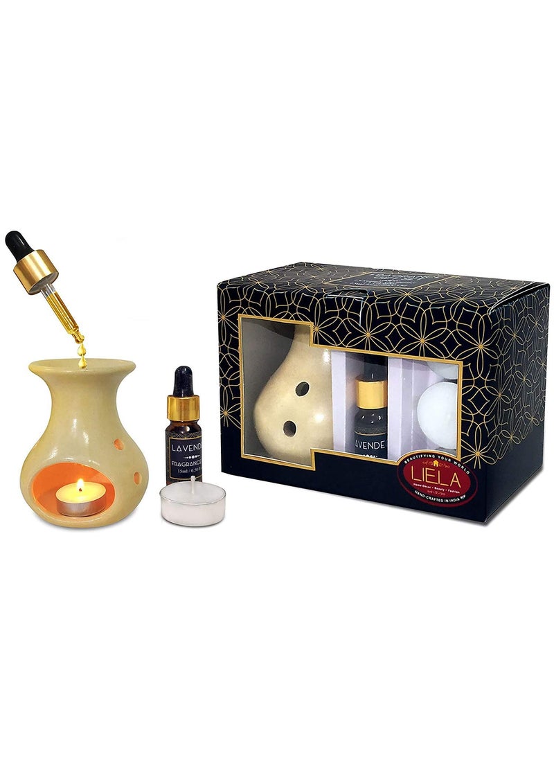 LIELA Oil Burner Vaporizer Set Large with 3 TLight and Pure Lavender 15 ML Fragrance Oil with Dropper