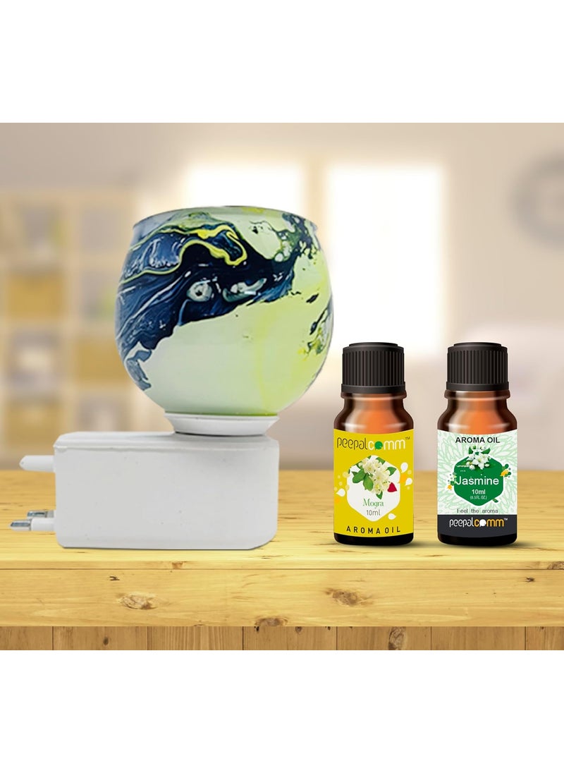 Peepalcomm Marble Glass Green Kapoor Dani Electric Camphor Diffuser with 1 Mogra 1 Jasmine Scented Aroma Oil10ml Each Night Lamp Natural Air Purifier for Home FragranceOfficeSpaTemple Etc