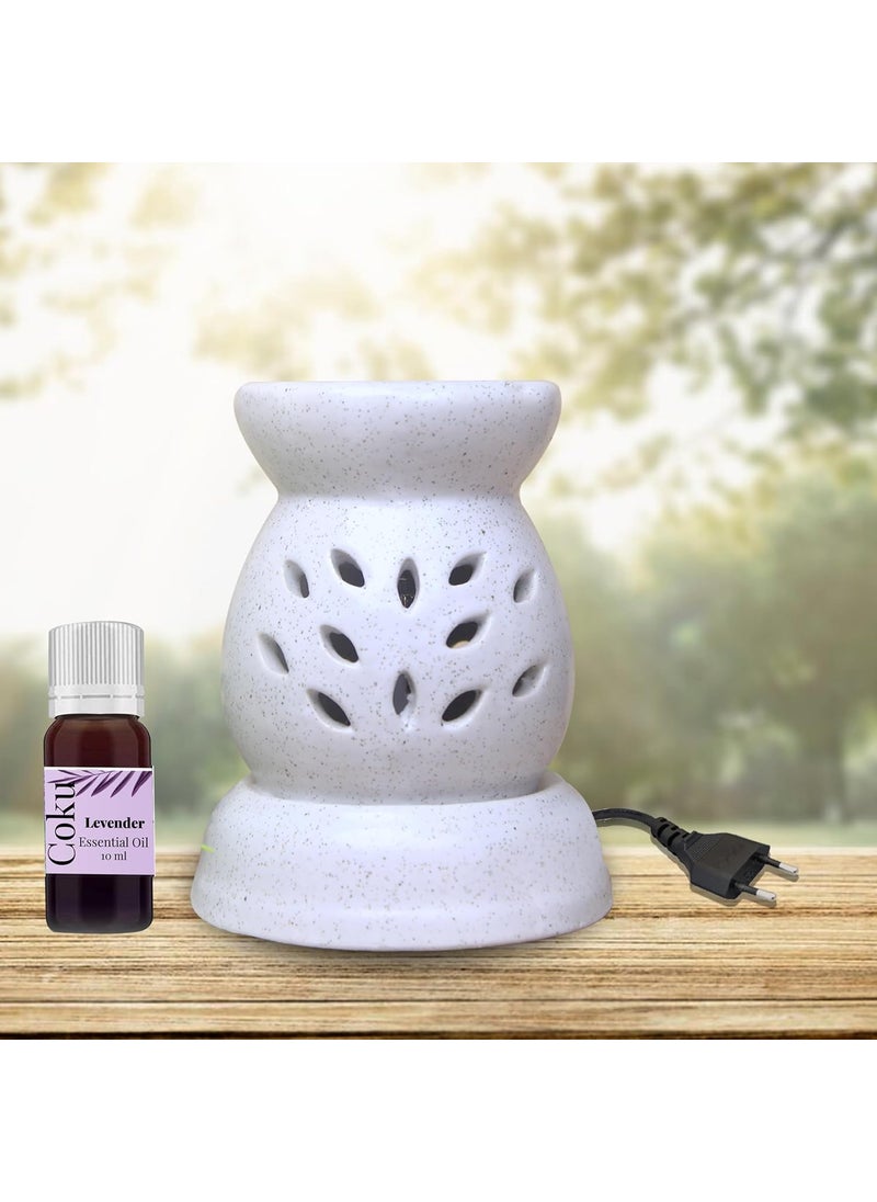 Coku Makti Shape Ceramic Electric Aroma Diffuser Oil Warmer Essential Oil Diffuser Aromatherapy Diffuser Lamp Electric Burners with 10 ml Aroma Oil Combo Pack with Lavender Aroma Oil