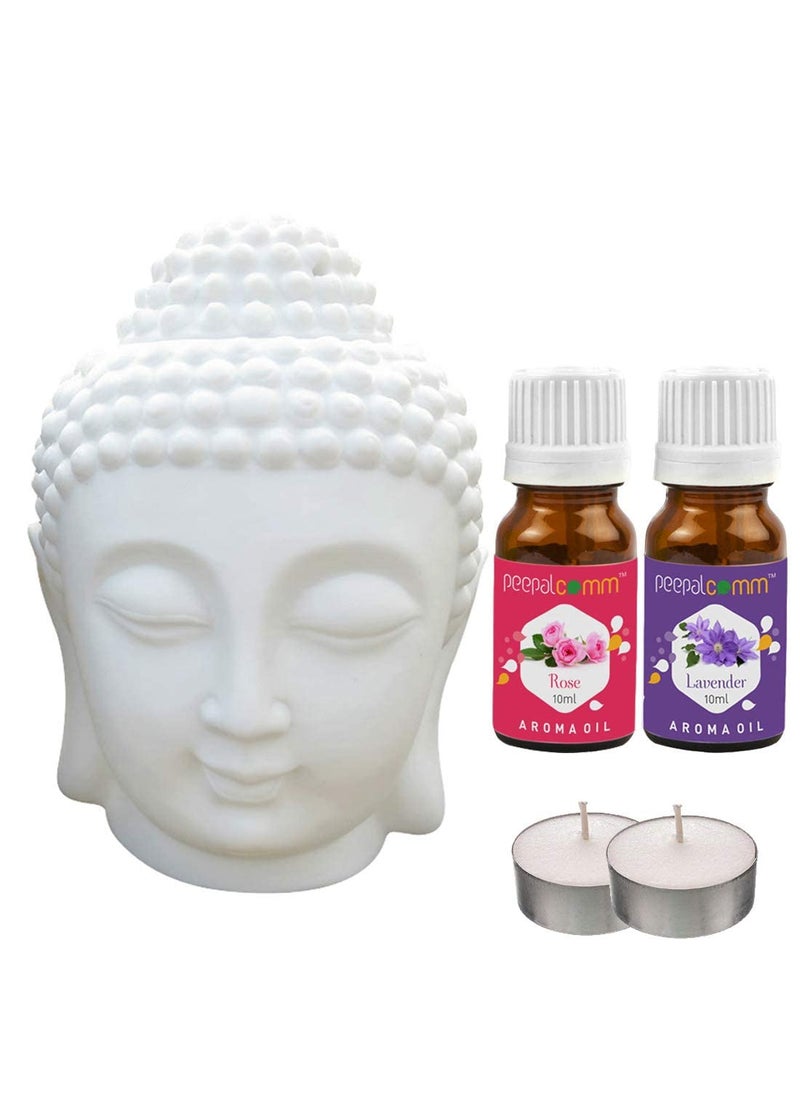 PeepalCom Ceramic Buddha Head Essential Oil Burner Diffuser Tealight Candle Holder with 2 Tlight Candle Rose Lavender 10ml 2 Aroma Oil Free