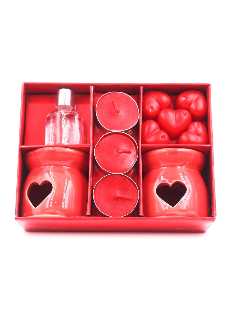 Coku Red Ceramic Aroma Fragrance Oil DiffuserBurner Double Gift Set with Tealight Candle for Home Decor Offices Spas and Yoga