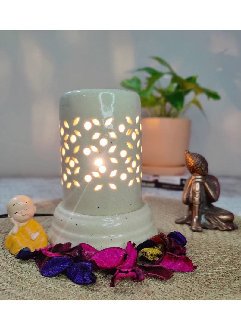 Homefrills Ceramic Cylindrical Shape Electric Aroma Diffuser Oil Burner with 10 ML Lemongrass Aroma Oil for HomeOffice Spa for AromatherapyOil Burners Colour White Size15127 cm
