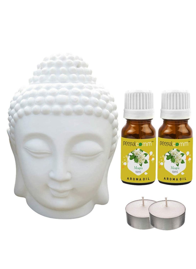 Peepalcomm Beautiful Home Decor White Ceremic Buddha Head Diffuser Set with 2 TLight Candle 2 Mogra High Scented Aroma Oil for All Purpose of Air Freshner