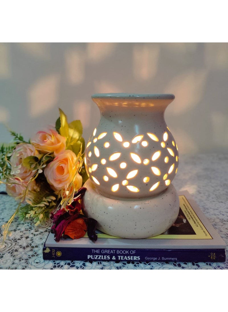 Homefrills Ceramic Electric Aroma Diffuser Oil Burner Round Shape with 10 ML Lemongrass Aroma Oil for HomeOffice air Freshener for AromatherapyOil Burners Colour White Size151212 cm