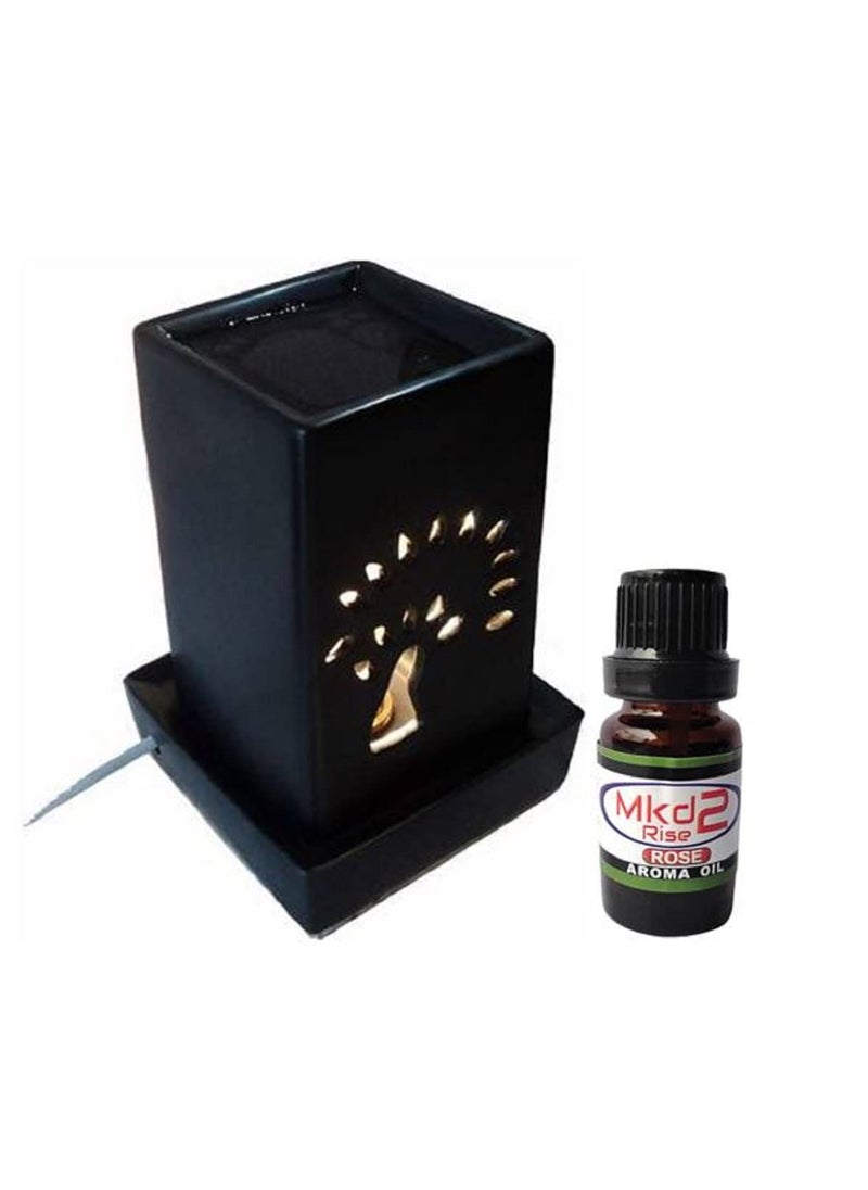 Mkd2 Rise Electric Aroma Oil Burner Lamp Square Shape with 10 ML Rose Aroma Oil for Fragrance 7 Inch Black