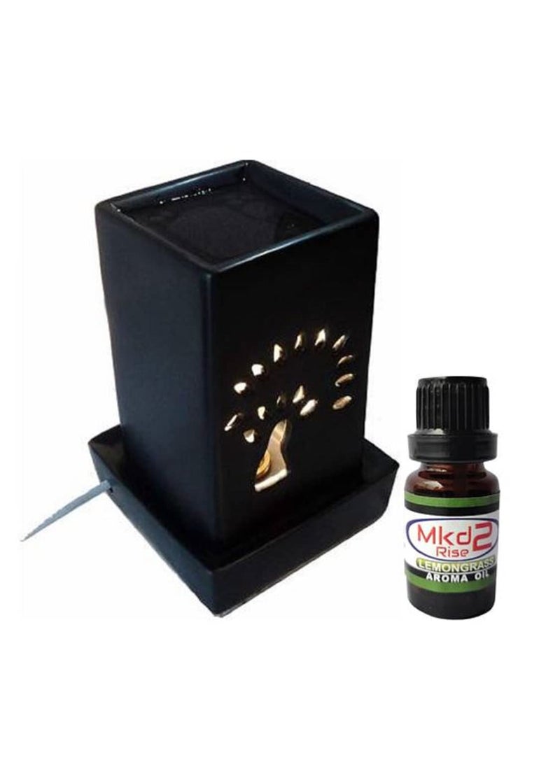 Mkd2 Rise Ceramic Electric Aroma Burner Oil Diffuser Square Shape with 10 ML Lemon Grass Aroma Oil 7 Inch Black
