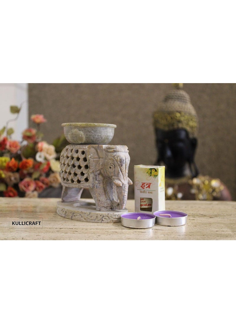 KC Kullicraft Handcrafted Soapstone Elephant Aroma Oil Diffuse Burner with 2 Tea Light Candle and 25 ml Chandan Oil