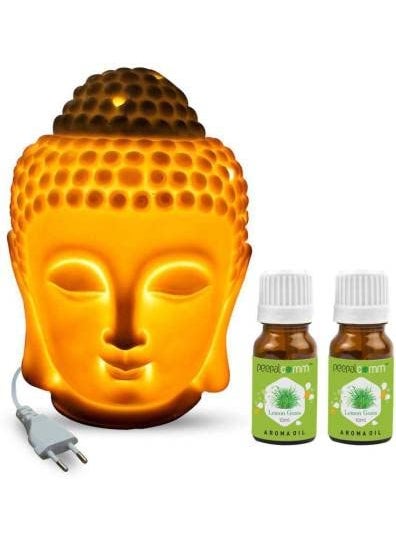 Air Freshner Home Decorative Electric White Ceremic Oil Buddha DiffuserBurner with Dimmer Switch to Control Light Fragrance Intensity with 2 Aroma Oil