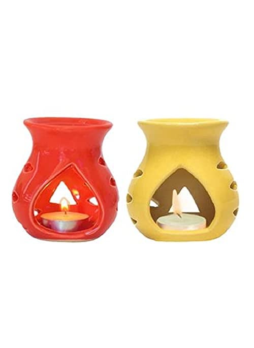 Mkd2 Rise Ceramic Clay Candle Operated Oil Burner Aroma Diffuser Red Yellow Set of 2 for Home Fragrance