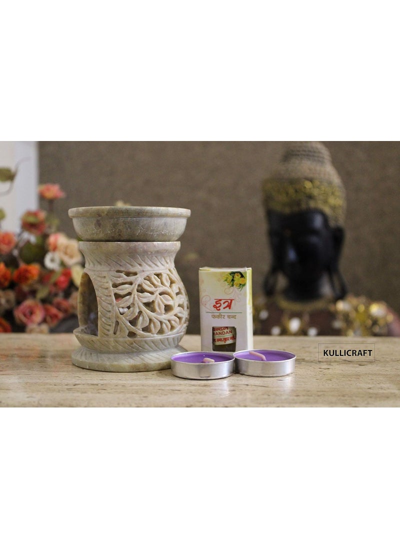 KC Kullicraft Handcrafted Soapstone Aroma Oil Burner Tea Light Holder Oil Diffuse with 2 Tea Light Candle and 25 ml Chandan Oil