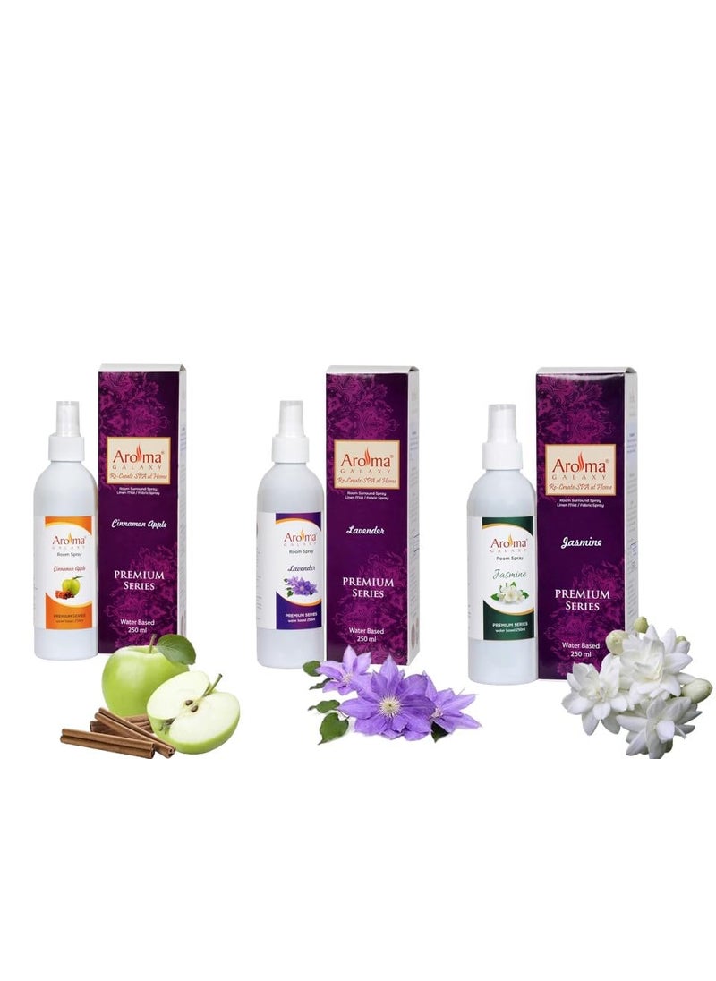 AROMA GALAXY Room Air Freshener Spray Combo Pack of 3 250ml each Cinnamon Apple Lemongrass Lavender Fresh Nature Inspired Fragrance for Home Office Long Lasting Fragrance