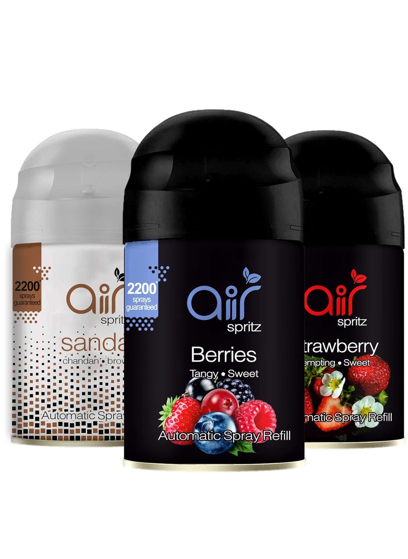 Air Spritz matic automatic spray refill RIPE BERRIES STRAWBERRY SPLASH and DIVINE SANDAL Pack of 3 refill combo room freshener automatic spray 225ml