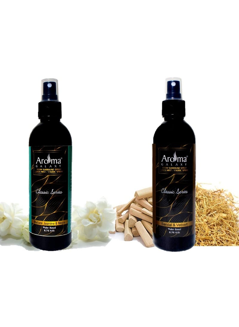 Aroma Galaxy Aromatherapy Room Spray Room Freshener Spray Room Sanitizer Spray for Home and Office Madurai Jasmine Mogra Sandalwood Vetiver Fragrance Pack of 2 200 ml each
