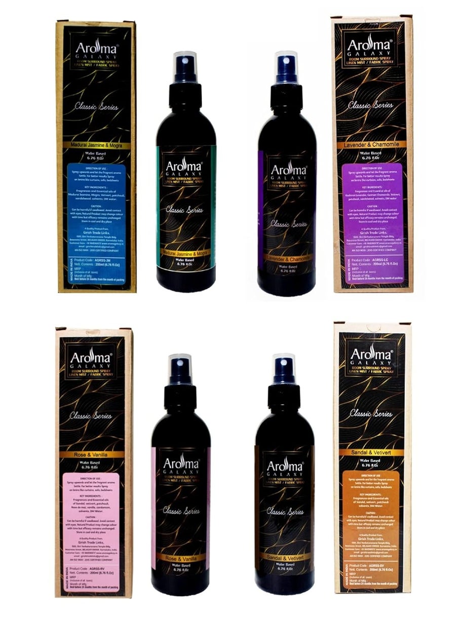 Aroma Galaxy Room Freshener Spray Air Freshener Room Spray For Home and Office Linen Fabric and Pillow Spray Pack of 4 Fragrance 200 ml each